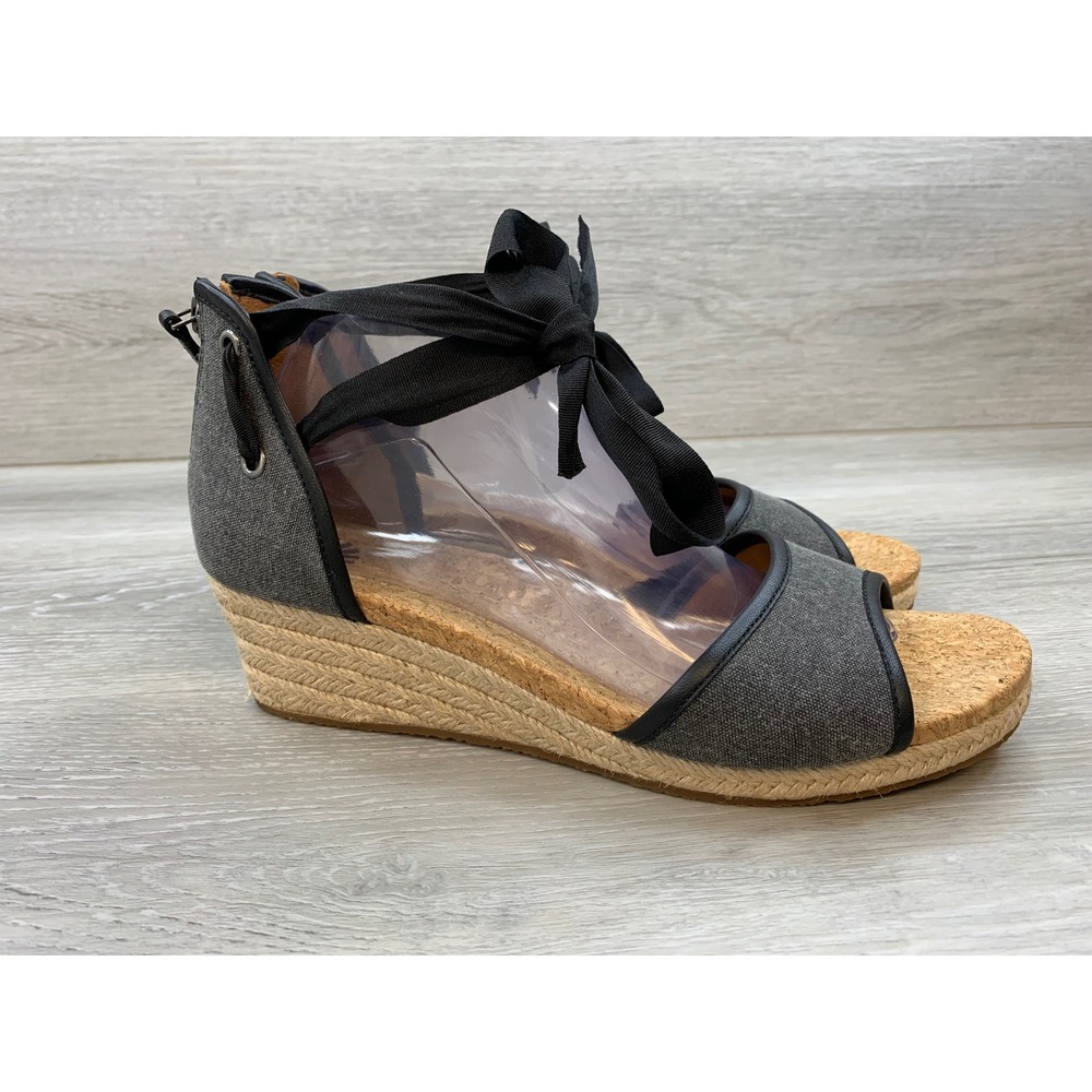 UGG Women's Lucianna Mar Charcoal Canvas Espadrille Wedge Sandals Black Tie